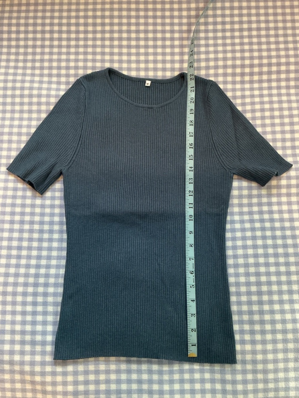 Slim Fit Ribbed Knit Poor Boy Tee Short Sleeve Crewneck Summer Top - Medium/Blue